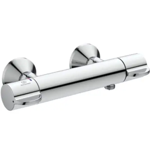 Brausethermostat in Chromausführung von Ideal Standard, mit zwei Steuergriffen und runder Wandmontage, geeignet für die Regelung von Wassertemperaturen.